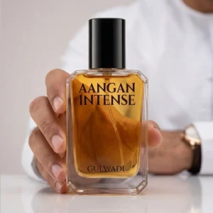 Aangan Intense perfume by Gulwadi held in hand - oud and bakhoor fragrance