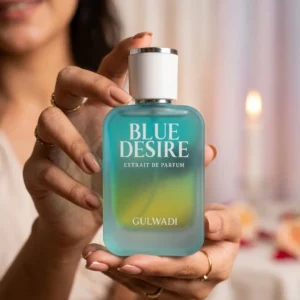 Blue Desire perfume for women by Gulwadi held in hands - floral vanilla musk fragrance