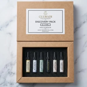 Gulwadi Discovery Pack - 6 x 5ml perfume testers in gift box, top view