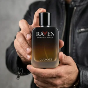 Raven perfume by Gulwadi held by man in leather jacket - inspired by Ombre Leather