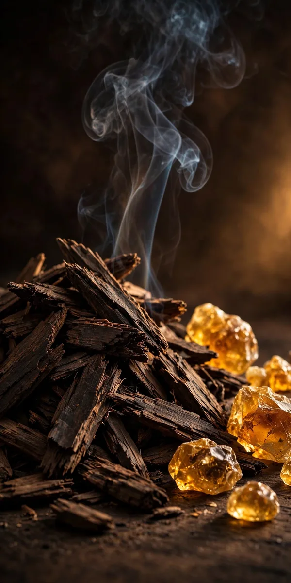 Oud — dark oud wood chips and golden amber resin