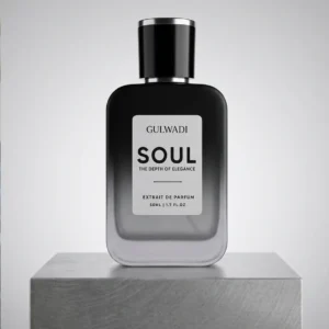 Soul perfume by Gulwadi on stone pedestal - white musk inspired fresh fragrance