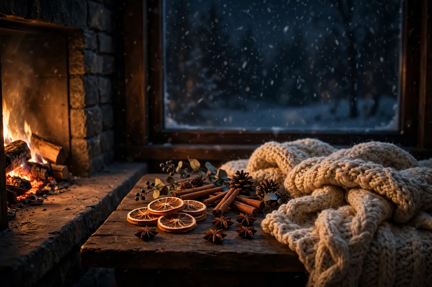 A cozy winter night — fireplace glow, a knitted blanket and warm winter spices